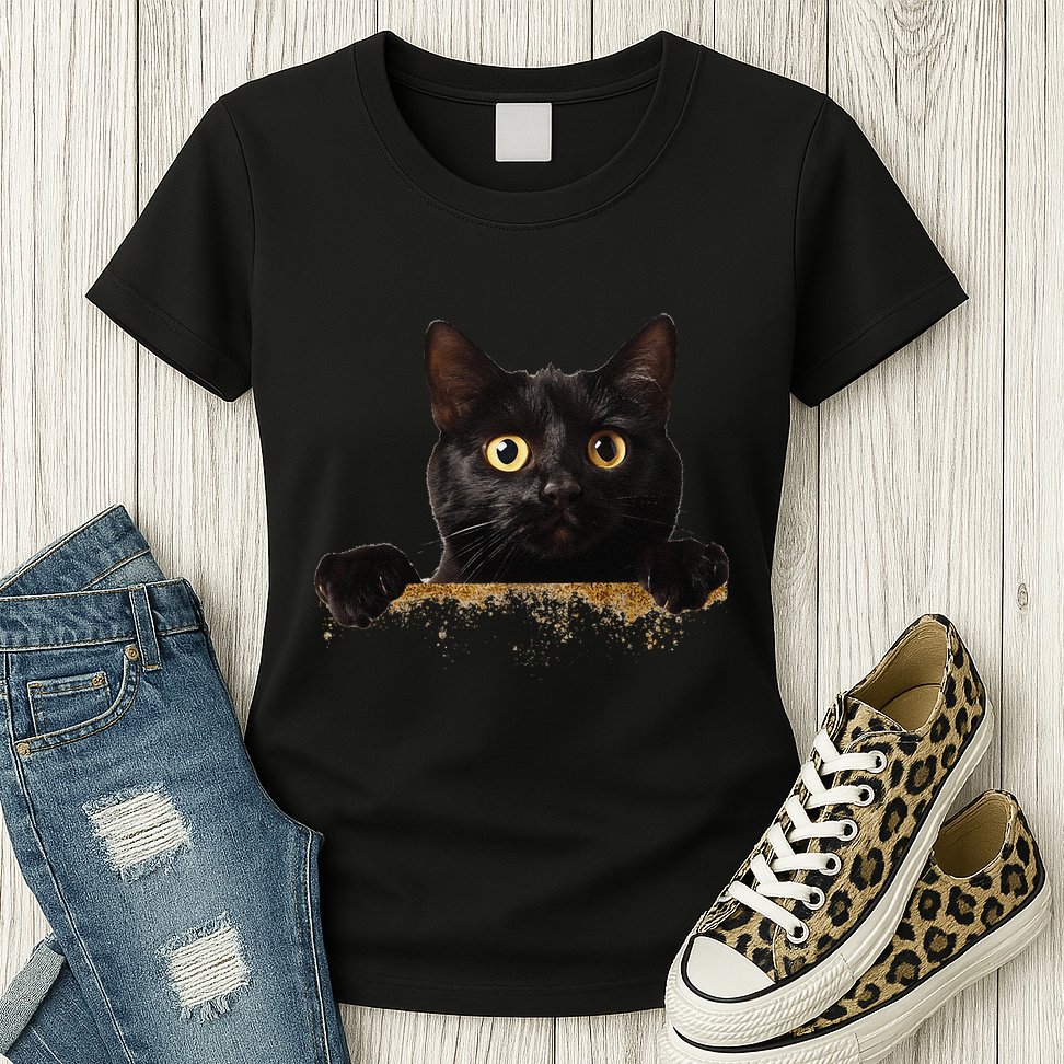 Funny Curious Adorable Cat Black Peeking Kitten Pet Lovers Womens T-Shirt