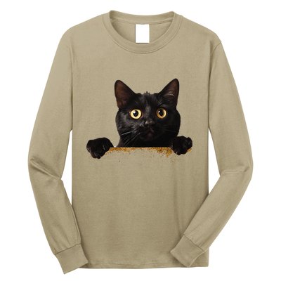 Funny Curious Adorable Cat Black Peeking Kitten Pet Lovers Long Sleeve Shirt