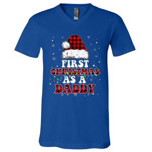 First Christmas As A Daddy Santa Hat Red Plaid Buffalo V-Neck T-Shirt