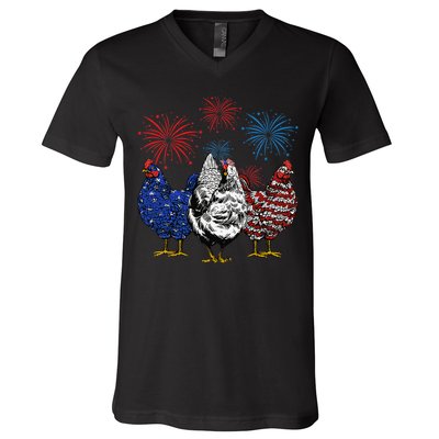 Funny Chickens American Flag Patriotic Farmer 4th Of July V-Neck T-Shirt