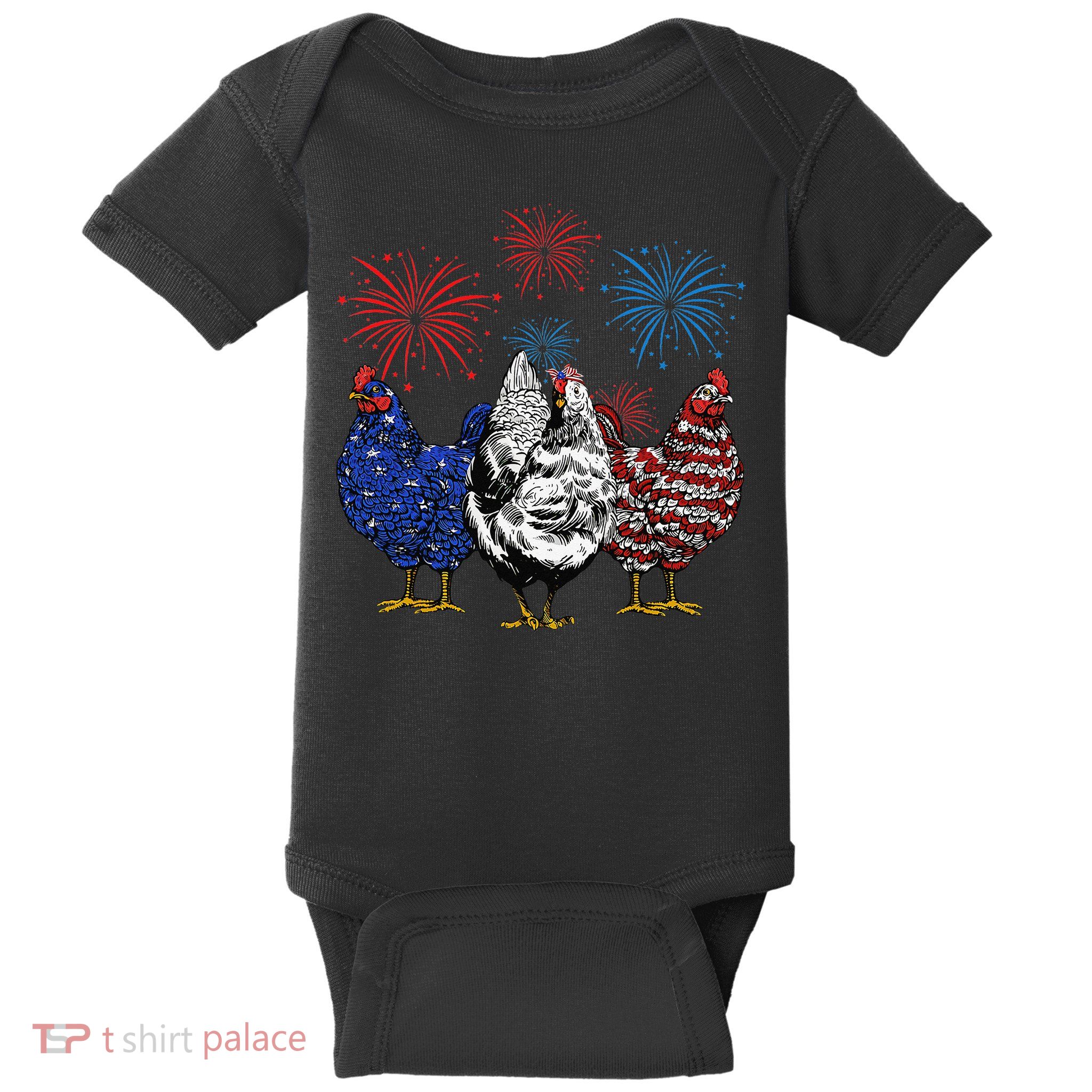 Funny Chickens American Flag Patriotic Farmer 4th Of July Baby Bodysuit
