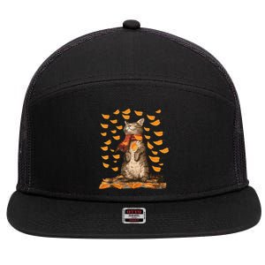 Funny Cat Autumn Leaves Happy Fall Y'all Thanksgiving Retro 7 Panel Mesh Trucker Snapback Hat