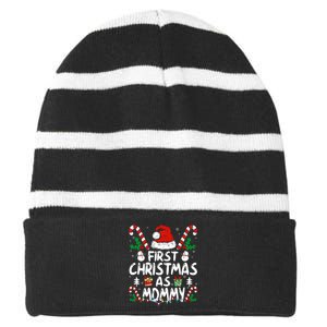 First Christmas As Mommy Family Matching New Mom 1st Time Striped Beanie with Solid Band