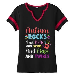 Fun Cute Autism Rocks Rolls Spins Flaps & Twirls Design Ladies Halftime Notch Neck Tee