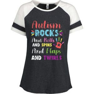 Fun Cute Autism Rocks Rolls Spins Flaps & Twirls Design Enza Ladies Jersey Colorblock Tee