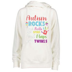 Fun Cute Autism Rocks Rolls Spins Flaps & Twirls Design Womens Funnel Neck Pullover Hood