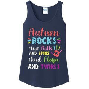 Fun Cute Autism Rocks Rolls Spins Flaps & Twirls Design Ladies Essential Tank