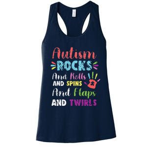 Fun Cute Autism Rocks Rolls Spins Flaps & Twirls Design Women's Racerback Tank