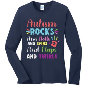 Fun Cute Autism Rocks Rolls Spins Flaps & Twirls Design Ladies Long Sleeve Shirt