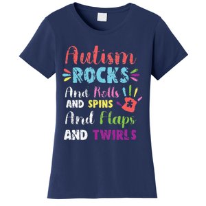 Fun Cute Autism Rocks Rolls Spins Flaps & Twirls Design Women's T-Shirt