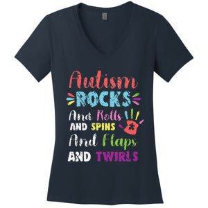 Fun Cute Autism Rocks Rolls Spins Flaps & Twirls Design Women's V-Neck T-Shirt