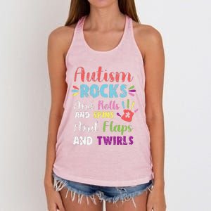 Fun Cute Autism Rocks Rolls Spins Flaps & Twirls Design Women's Knotted Racerback Tank