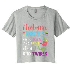 Fun Cute Autism Rocks Rolls Spins Flaps & Twirls Design Women's Crop Top Tee