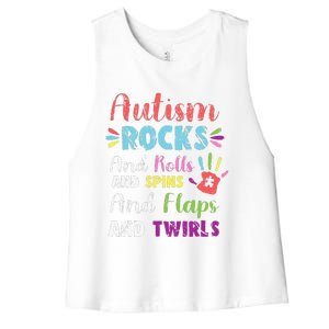 Fun Cute Autism Rocks Rolls Spins Flaps & Twirls Design Women's Racerback Cropped Tank