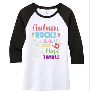 Fun Cute Autism Rocks Rolls Spins Flaps & Twirls Design Women's Tri-Blend 3/4-Sleeve Raglan Shirt