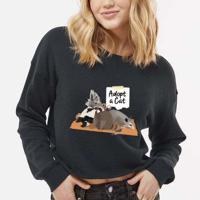 Funny Cute Adopt A Cat Skunk Raccoon Opossum Cropped Pullover Crew