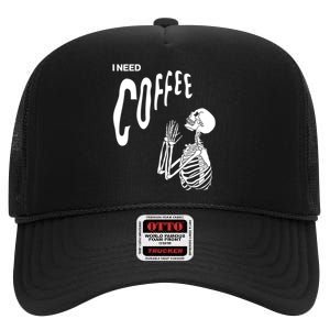 Funny Caffeine Addict Skeleton Coffee High Crown Mesh Back Trucker Hat