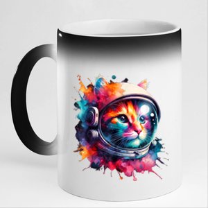 Funny Cat Astronaut Outer Space Watercolor Splash Cat Lover 11oz Black Color Changing Mug