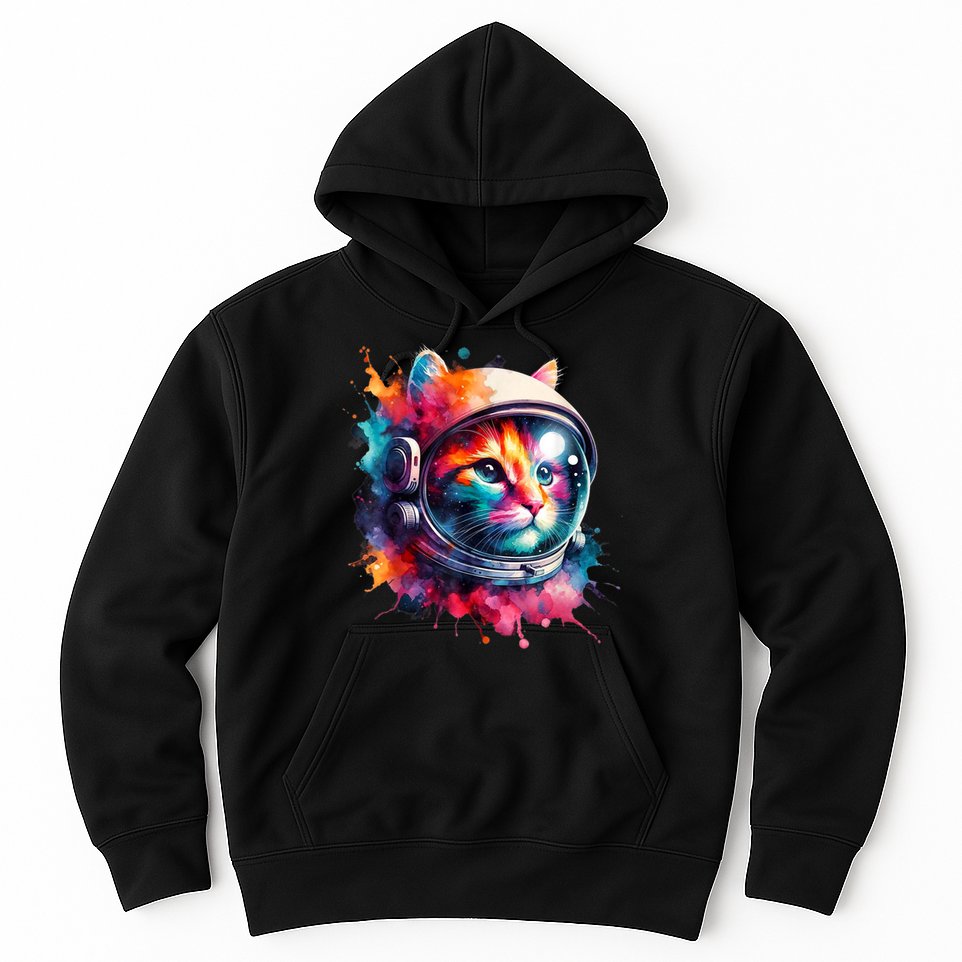 Funny Cat Astronaut Outer Space Watercolor Splash Cat Lover Hoodie