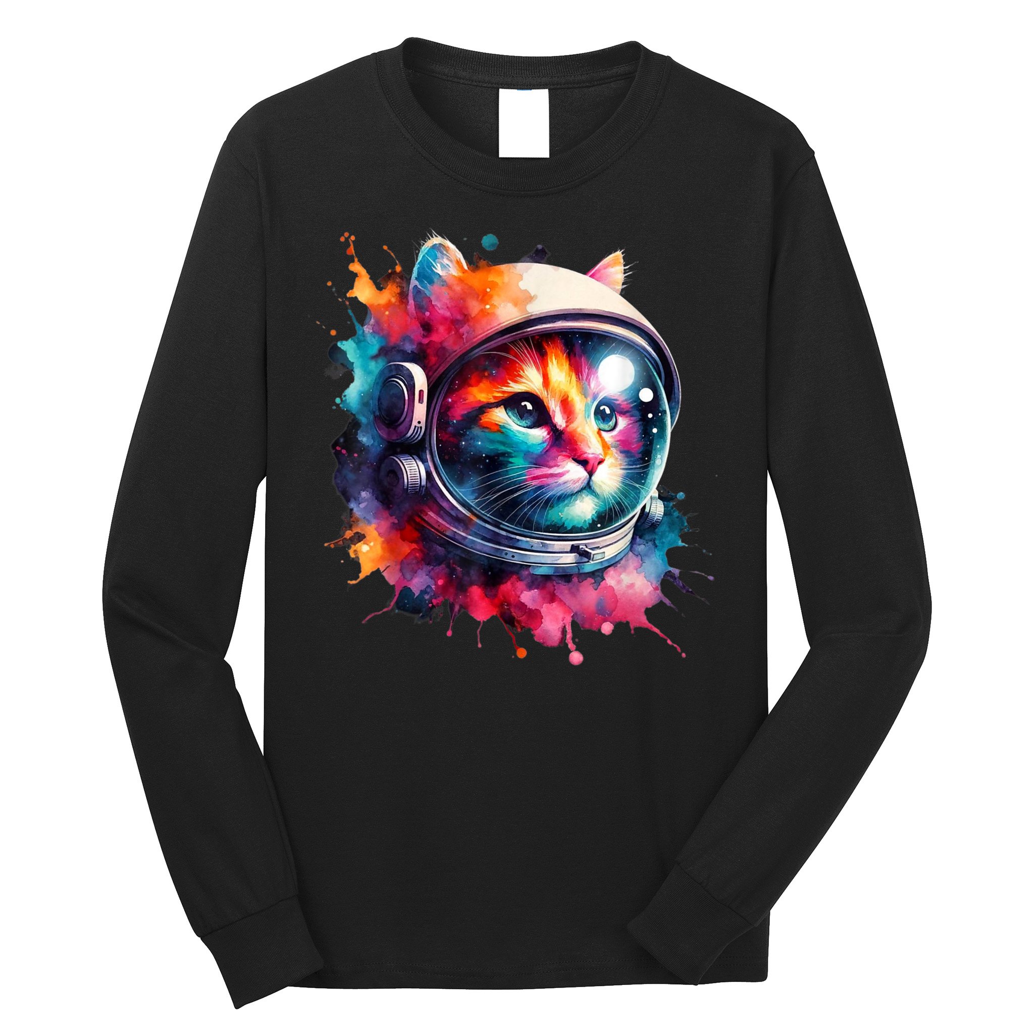 Funny Cat Astronaut Outer Space Watercolor Splash Cat Lover Long Sleeve Shirt