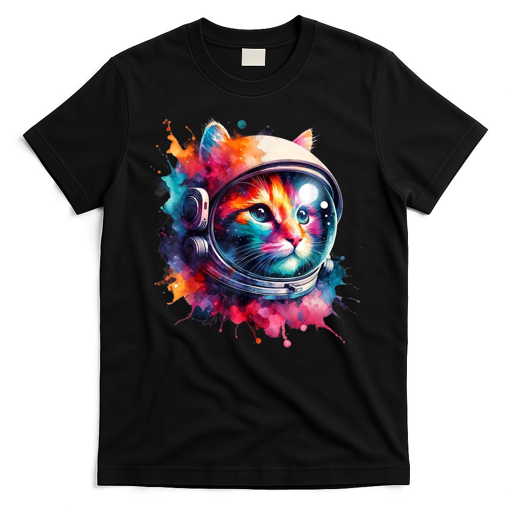 Funny Cat Astronaut Outer Space Watercolor Splash Cat Lover T-Shirt