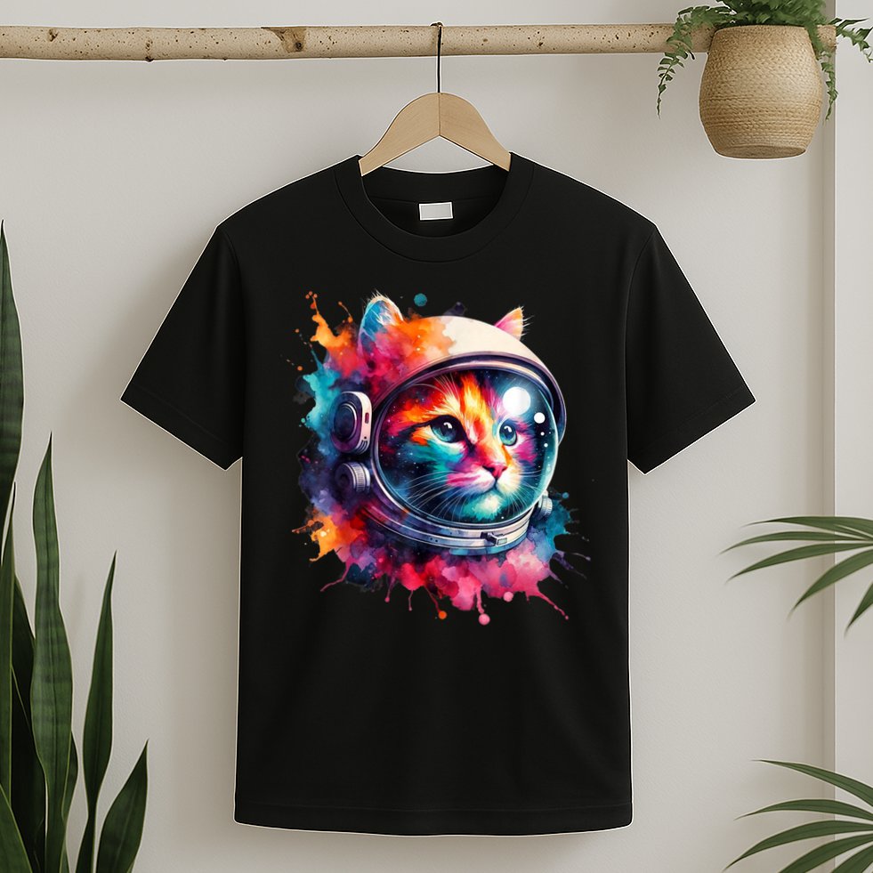 Funny Cat Astronaut Outer Space Watercolor Splash Cat Lover T-Shirt