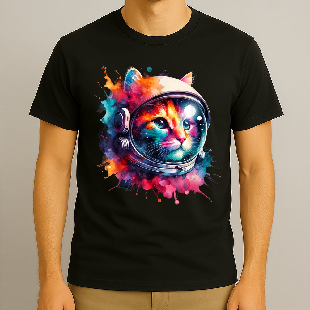 Funny Cat Astronaut Outer Space Watercolor Splash Cat Lover T-Shirt