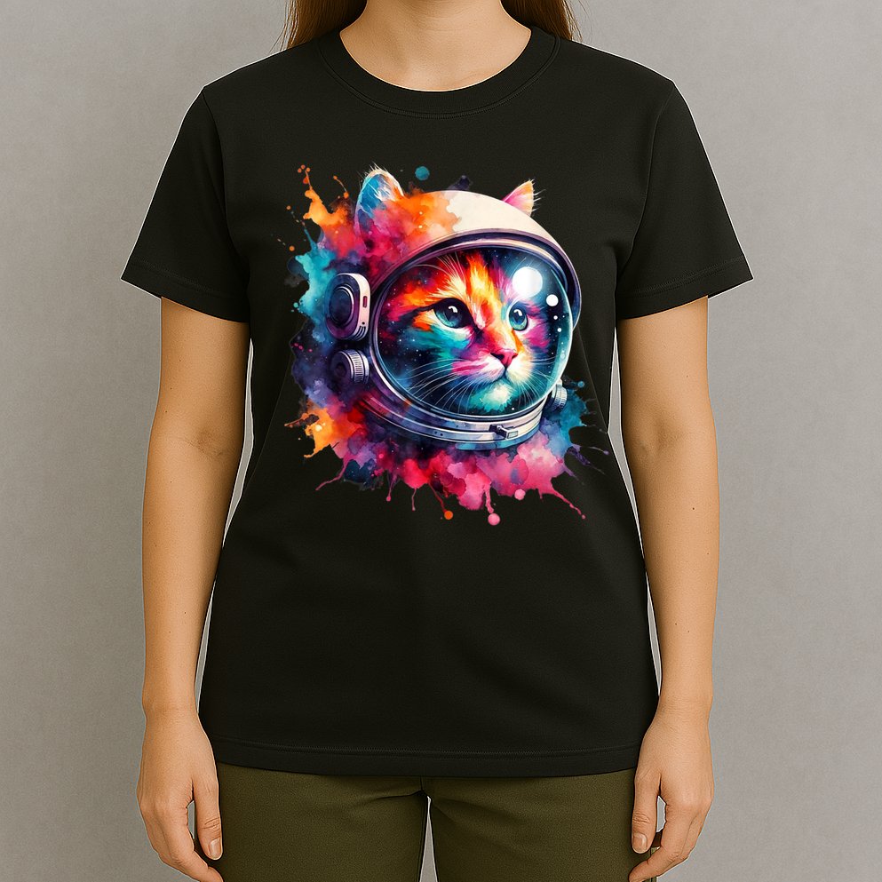 Funny Cat Astronaut Outer Space Watercolor Splash Cat Lover T-Shirt
