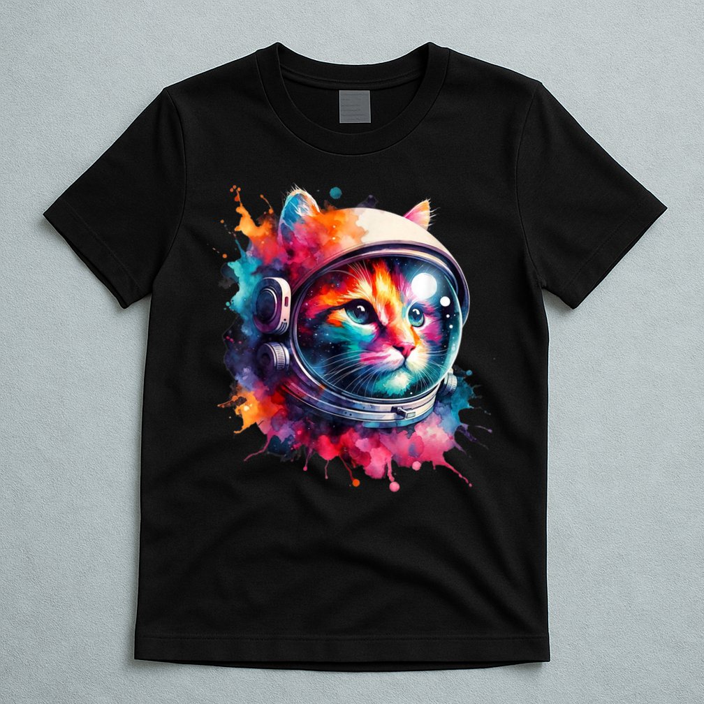 Funny Cat Astronaut Outer Space Watercolor Splash Cat Lover T-Shirt
