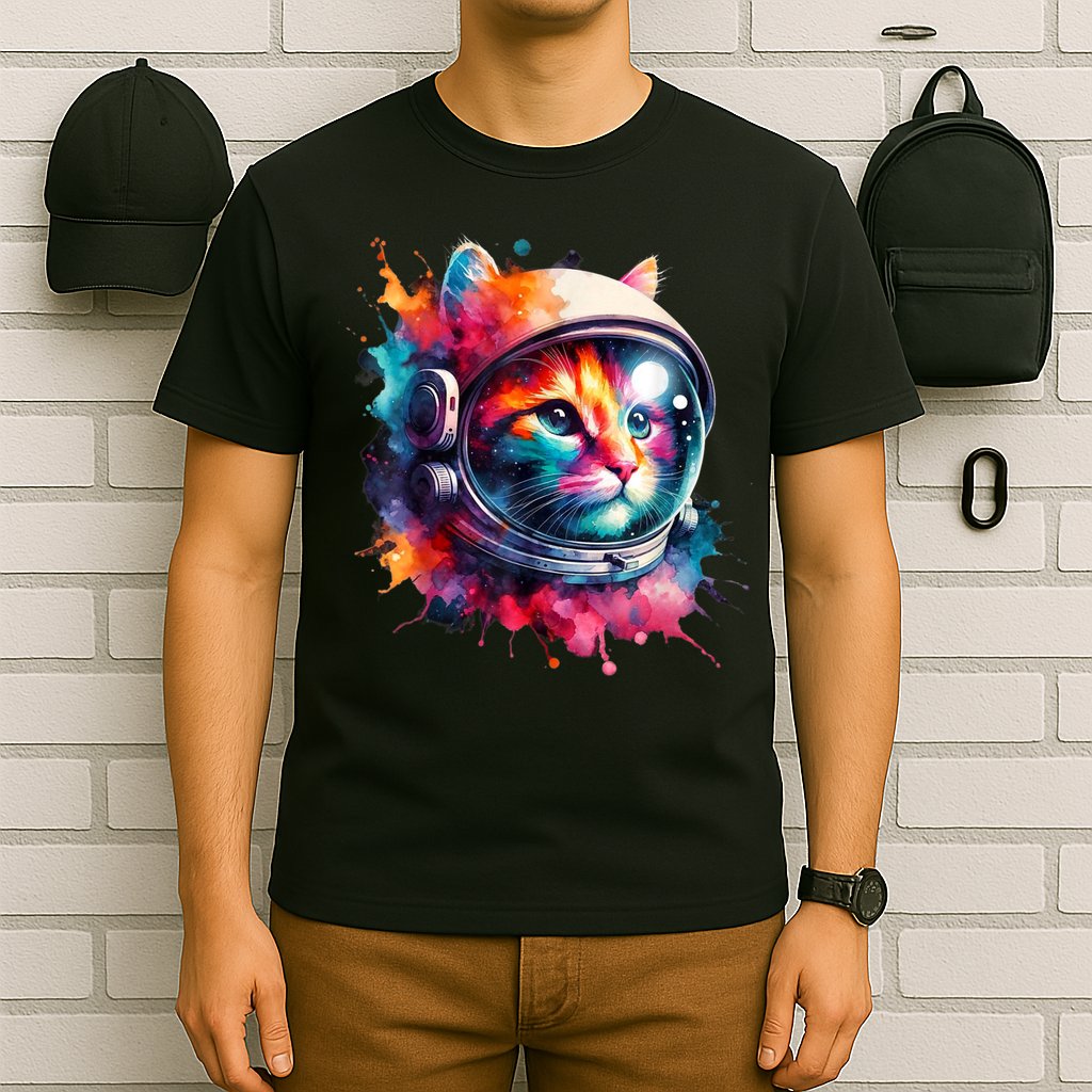 Funny Cat Astronaut Outer Space Watercolor Splash Cat Lover T-Shirt