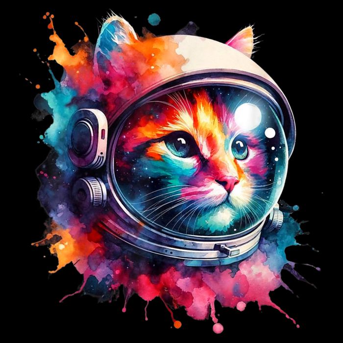 Funny Cat Astronaut Outer Space Watercolor Splash Cat Lover T-Shirt