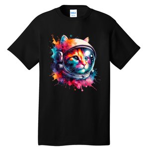 Funny Cat Astronaut Outer Space Watercolor Splash Cat Lover Tall T-Shirt