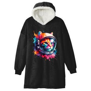 Funny Cat Astronaut Outer Space Watercolor Splash Cat Lover Hooded Wearable Blanket