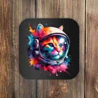 Funny Cat Astronaut Outer Space Watercolor Splash Cat Lover Coaster