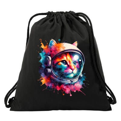 Funny Cat Astronaut Outer Space Watercolor Splash Cat Lover Drawstring Bag