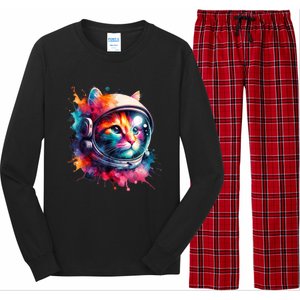 Funny Cat Astronaut Outer Space Watercolor Splash Cat Lover Long Sleeve Pajama Set