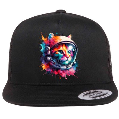 Funny Cat Astronaut Outer Space Watercolor Splash Cat Lover Flat Bill Trucker Hat