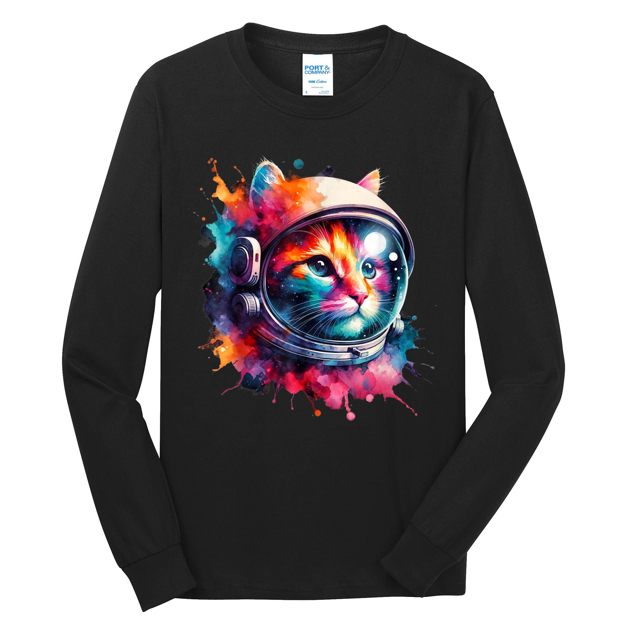Funny Cat Astronaut Outer Space Watercolor Splash Cat Lover Tall Long Sleeve T-Shirt