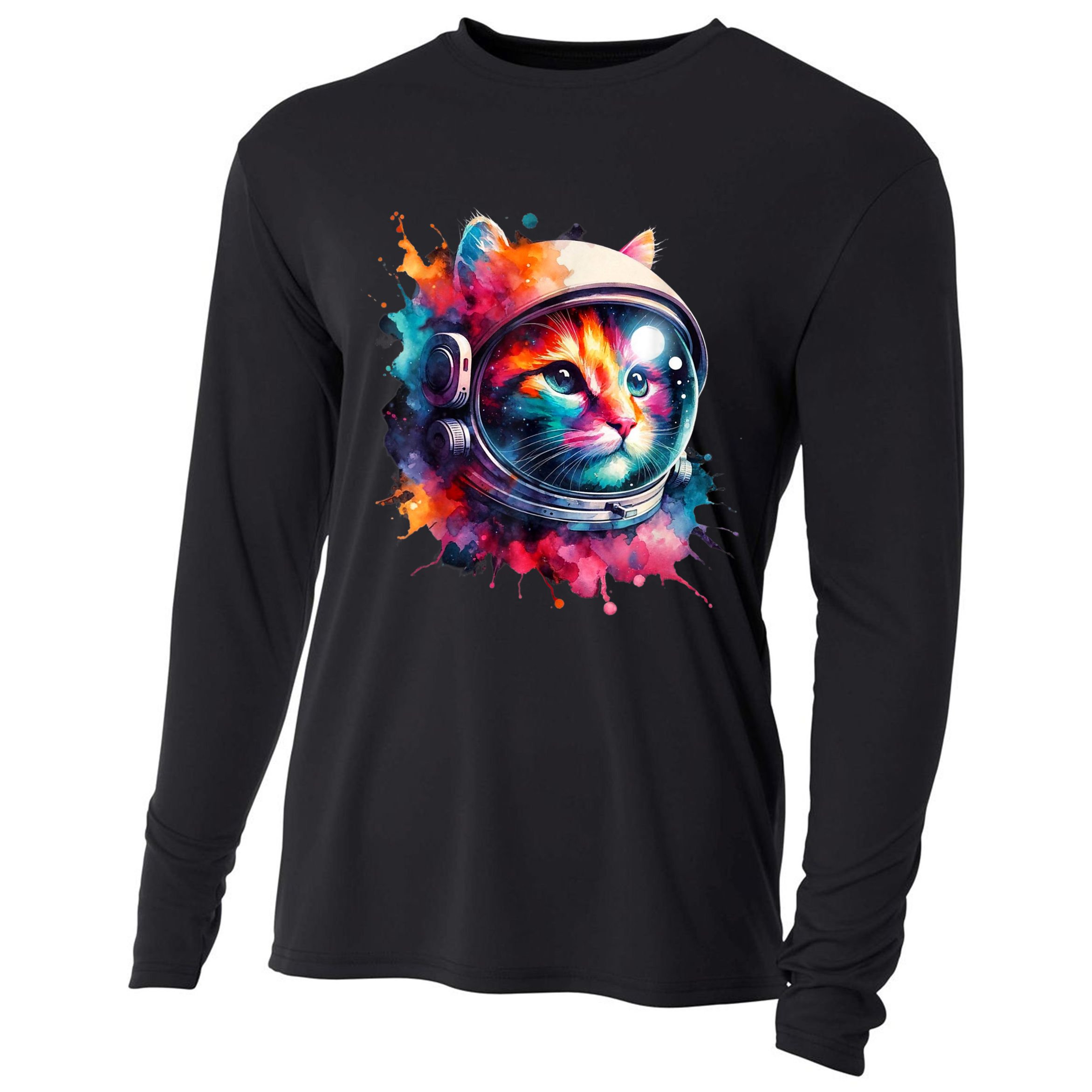 Funny Cat Astronaut Outer Space Watercolor Splash Cat Lover Cooling Performance Long Sleeve Crew
