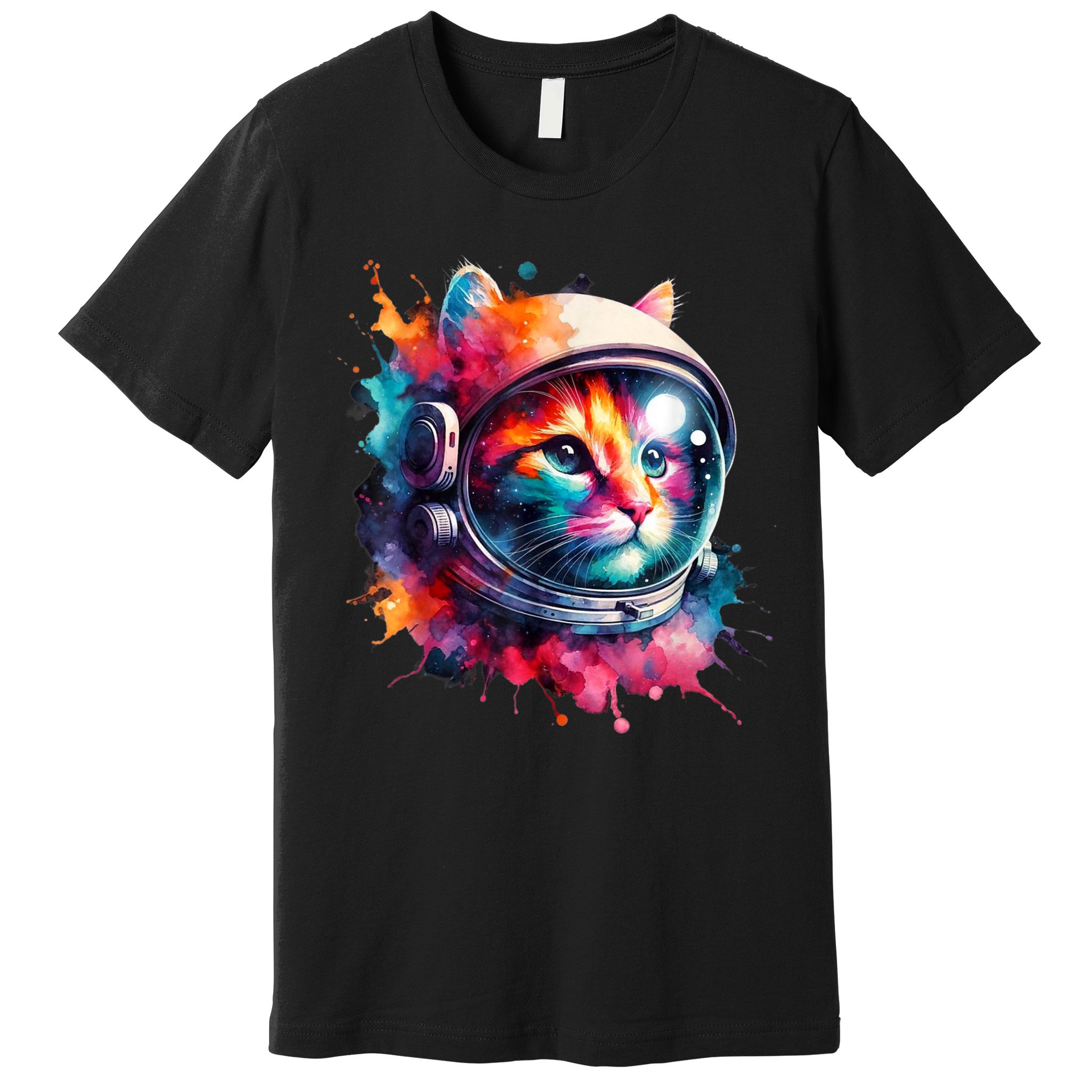 Funny Cat Astronaut Outer Space Watercolor Splash Cat Lover Premium T-Shirt
