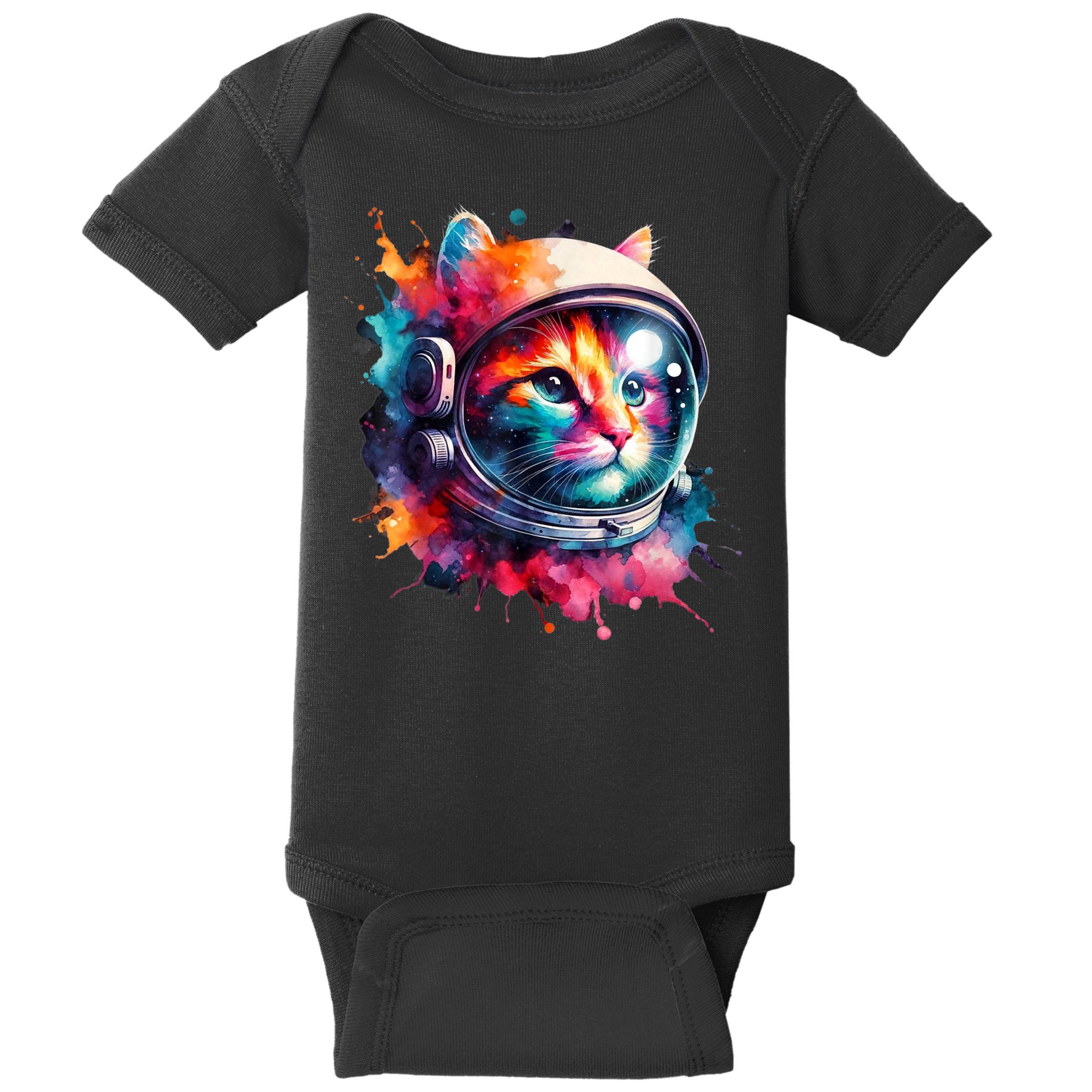 Funny Cat Astronaut Outer Space Watercolor Splash Cat Lover Baby Bodysuit