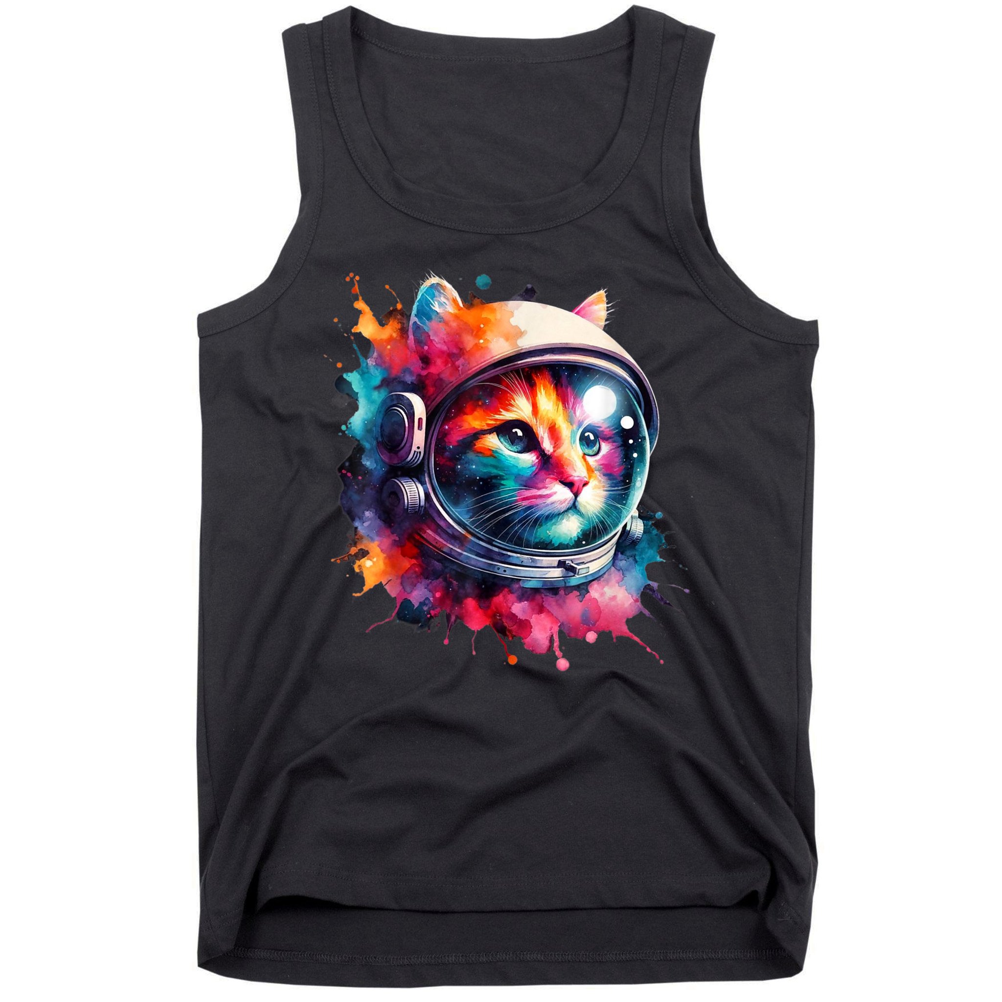 Funny Cat Astronaut Outer Space Watercolor Splash Cat Lover Tank Top
