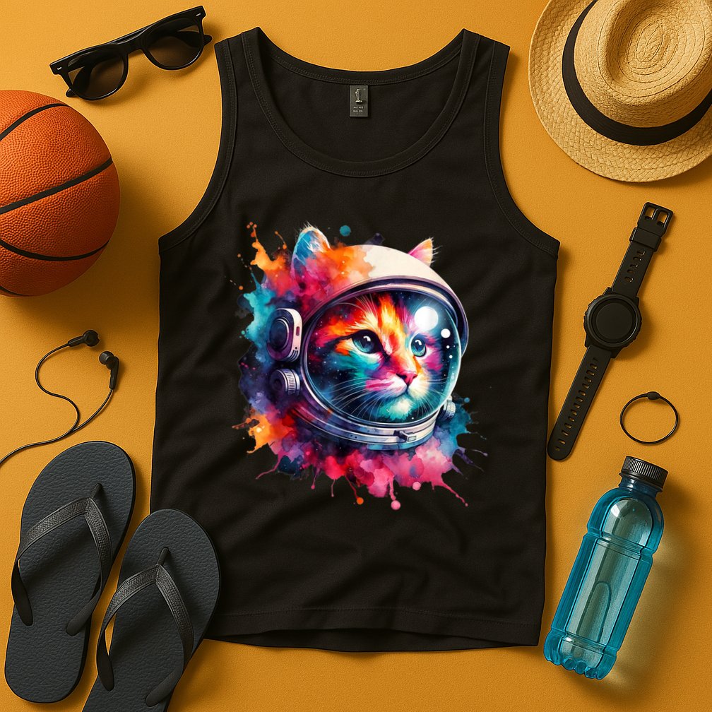 Funny Cat Astronaut Outer Space Watercolor Splash Cat Lover Tank Top