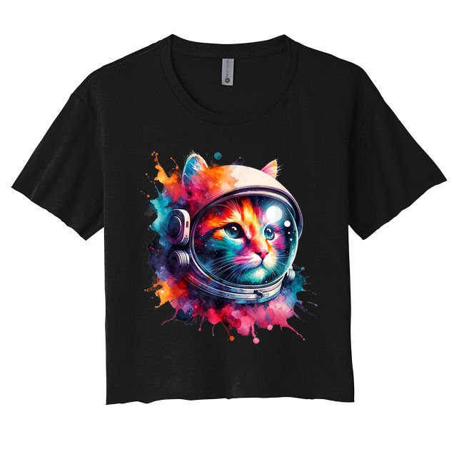 Funny Cat Astronaut Outer Space Watercolor Splash Cat Lover Women's Crop Top Tee