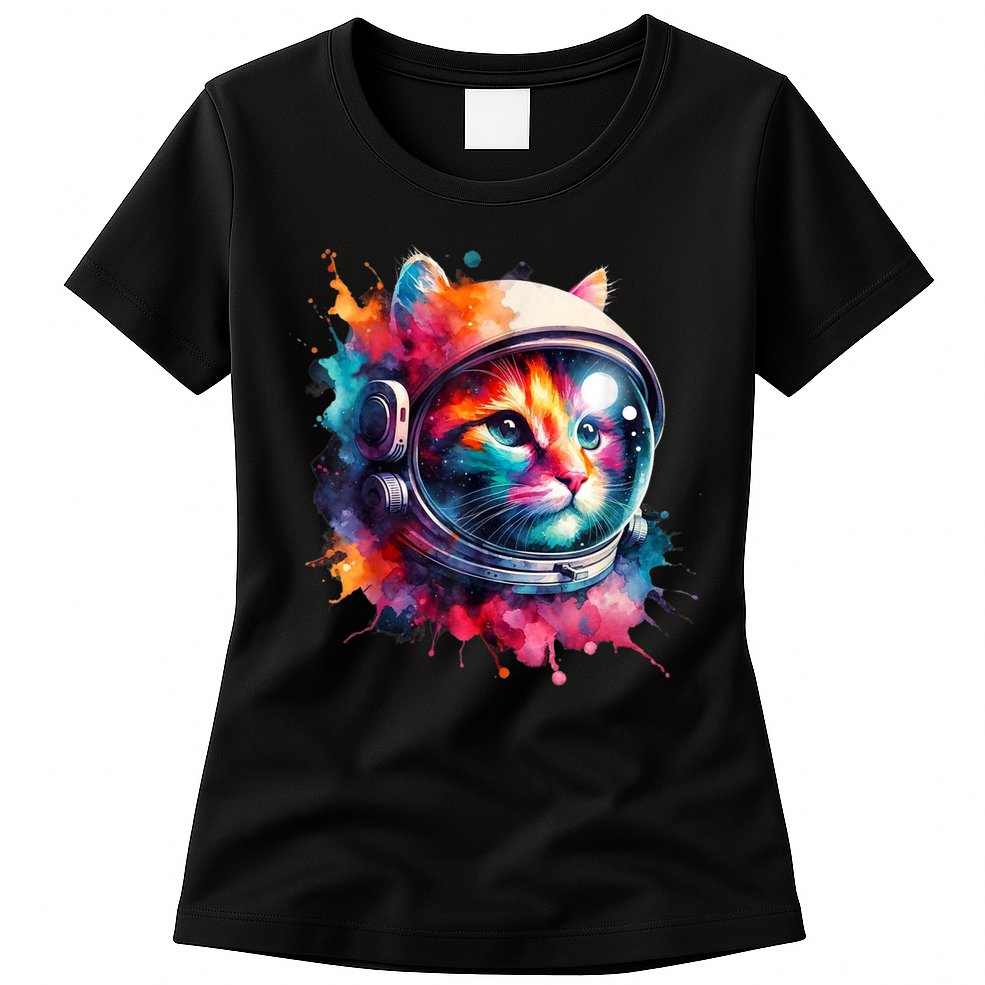Funny Cat Astronaut Outer Space Watercolor Splash Cat Lover Womens T-Shirt