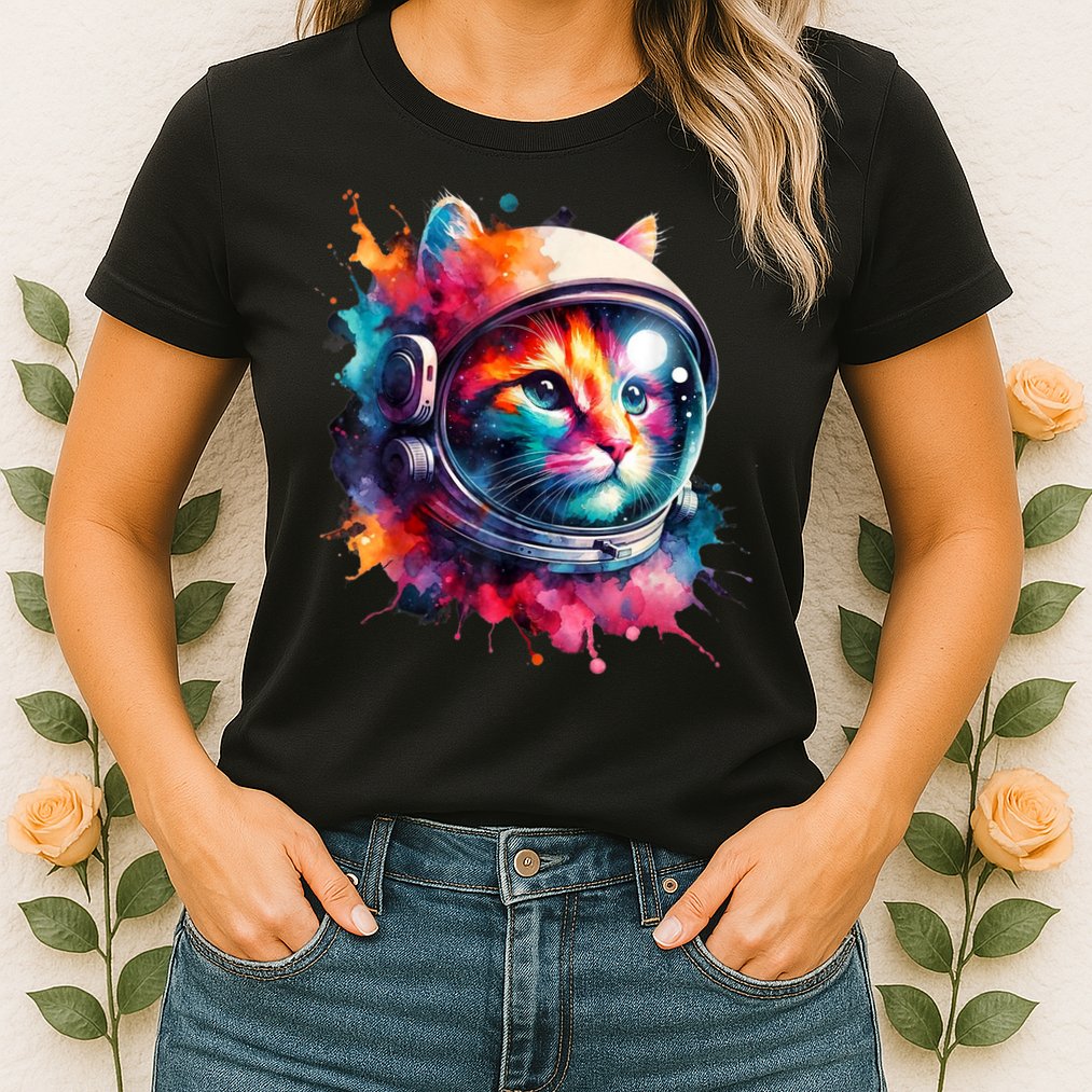Funny Cat Astronaut Outer Space Watercolor Splash Cat Lover Womens T-Shirt