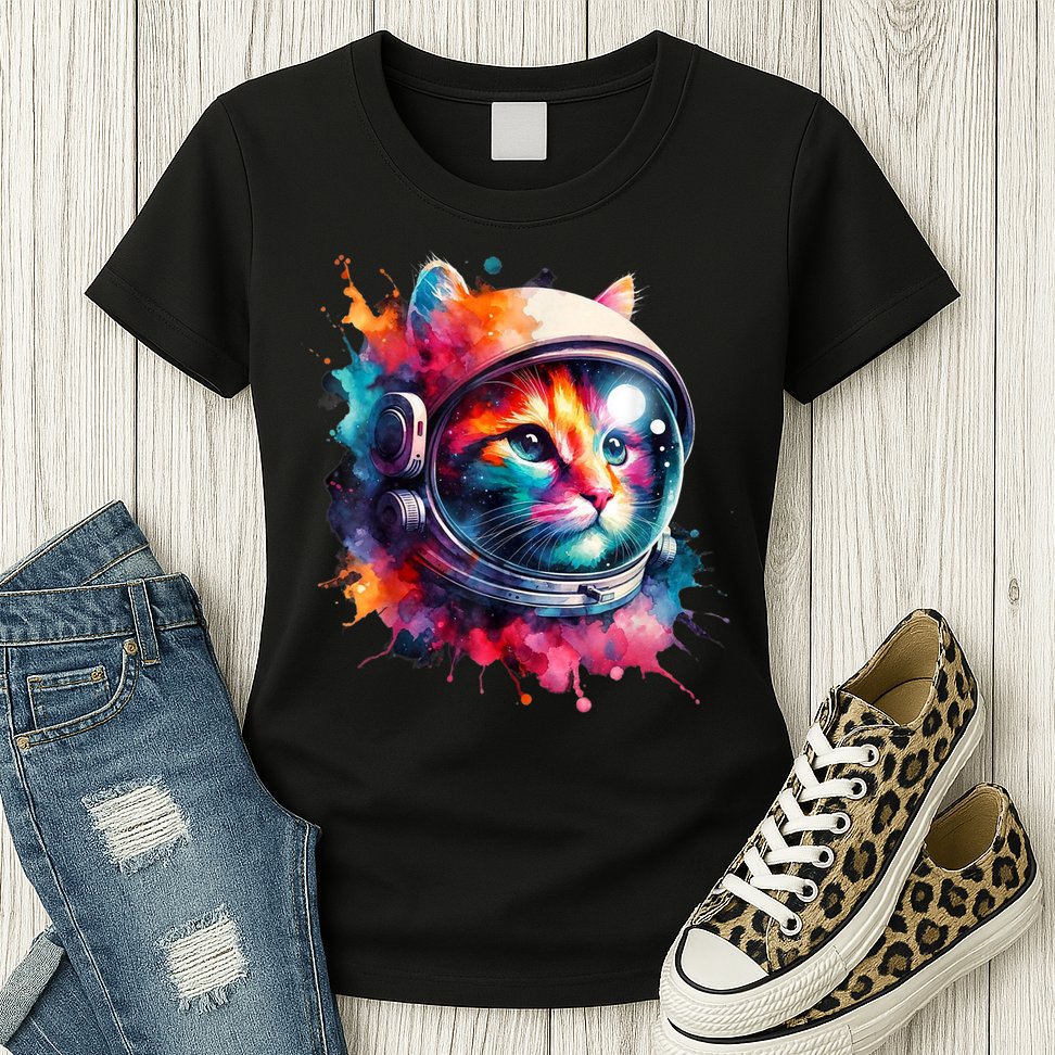 Funny Cat Astronaut Outer Space Watercolor Splash Cat Lover Womens T-Shirt