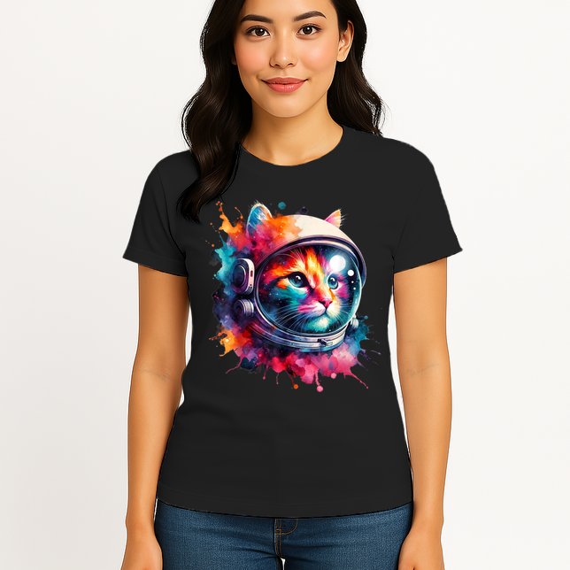 Funny Cat Astronaut Outer Space Watercolor Splash Cat Lover Womens T-Shirt