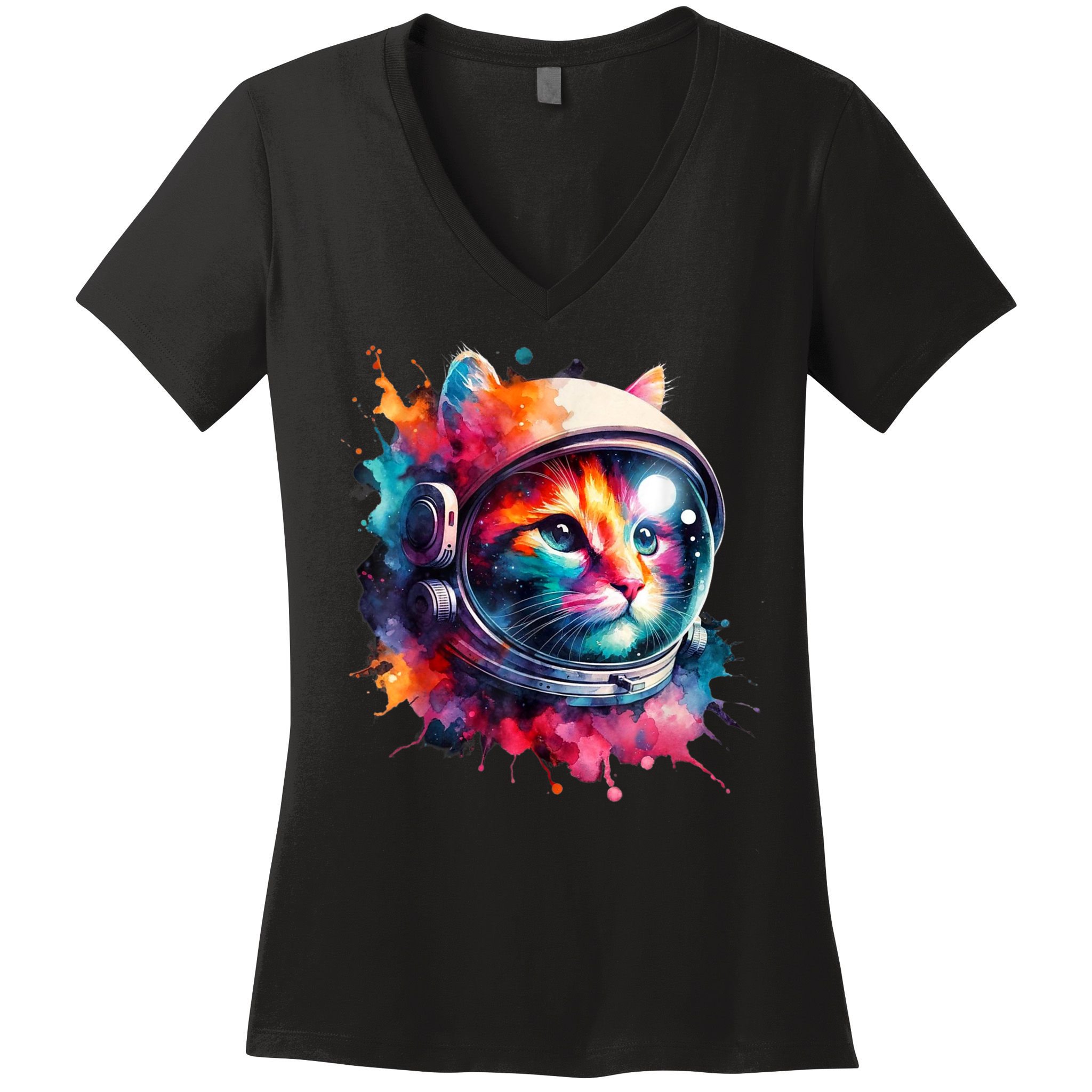 Funny Cat Astronaut Outer Space Watercolor Splash Cat Lover Women's V-Neck T-Shirt