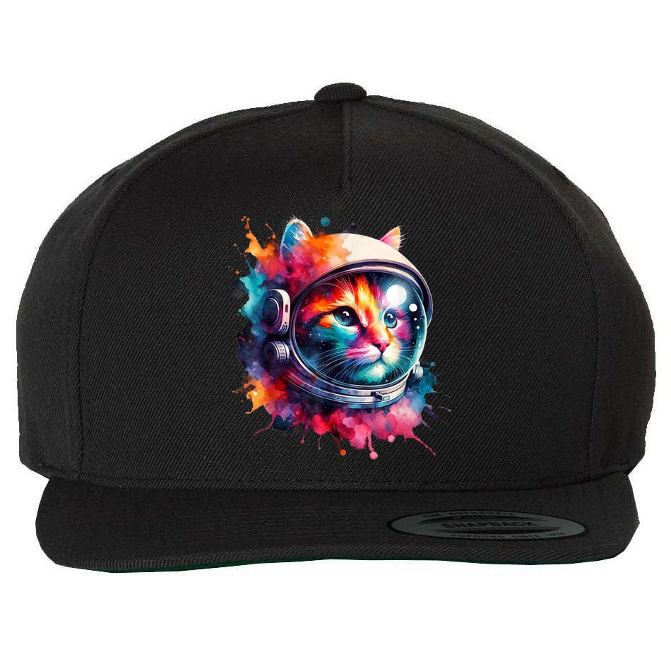 Funny Cat Astronaut Outer Space Watercolor Splash Cat Lover Wool Snapback Cap